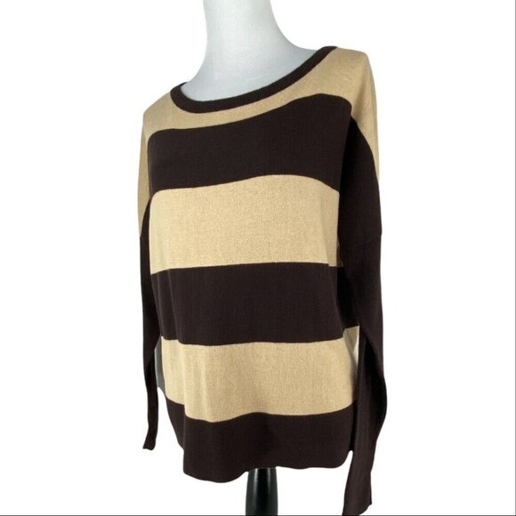 Covered by Suss Women's Tan Brown Striped Scoop Neck Designer Knit Sweater S/C44 - Picture 5 of 9